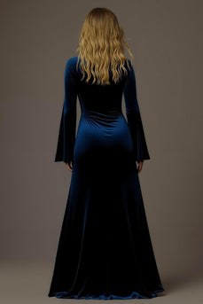 Royal Blue Velvet Sheath V-Neck Long Holiday Party Dress with Slit