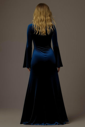 Royal Blue Velvet Sheath V-Neck Long Holiday Party Dress with Slit