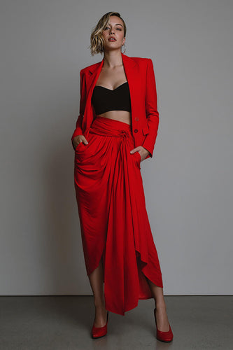 Red 2 Piece Ruched Long Sleeves Women Prom Suits with Sash