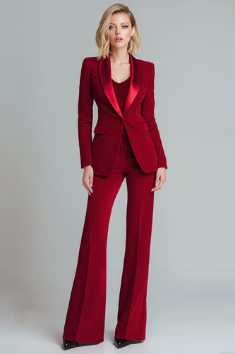 2 Piece Red Shawl Lapel Women Prom Suits with Sleeves