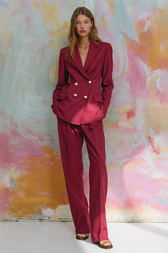 Burgundy 2 Piece Satin Notched Lapel Women Prom Suits with Sleeves