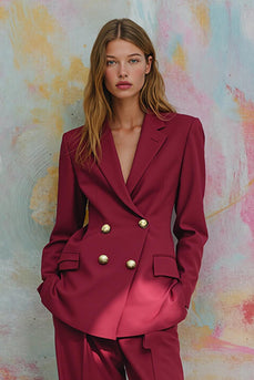 Burgundy 2 Piece Satin Notched Lapel Women Prom Suits with Sleeves
