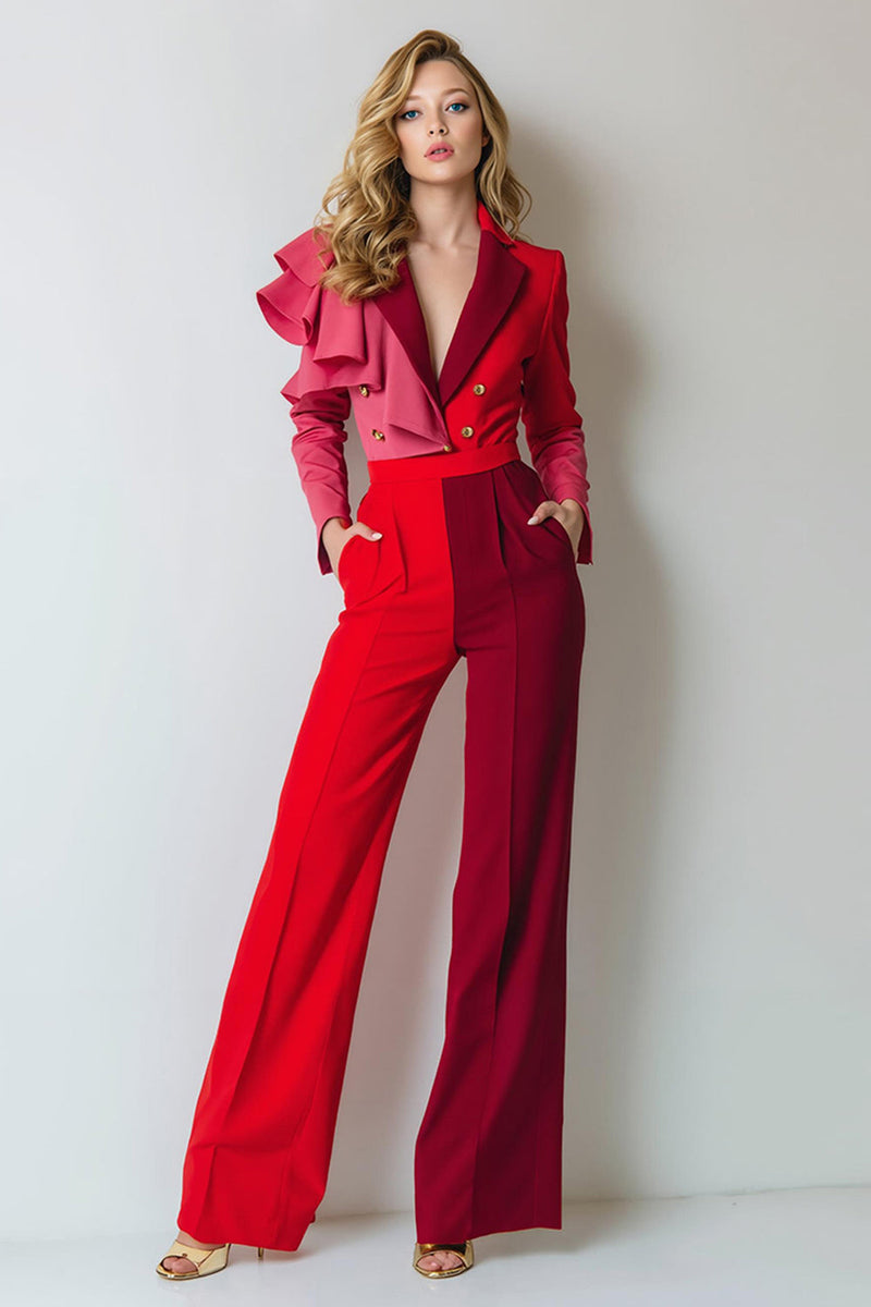 Load image into Gallery viewer, Red Satin Ruffled Notched Lapel Patchwork Prom Jumpsuit with Sleeves