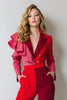 Load image into Gallery viewer, Red Satin Ruffled Notched Lapel Patchwork Prom Jumpsuit with Sleeves