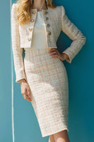 Load image into Gallery viewer, Ivory 2 Piece Tweed Pencil Midi Pageant Interview Outfits with Sleeves