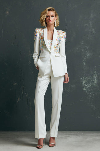 Sparkly White 2 Piece Sequins Shawl Lapel Women Prom Suits with Sleeves