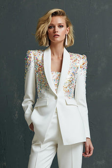 Sparkly White 2 Piece Sequins Shawl Lapel Women Prom Suits with Sleeves