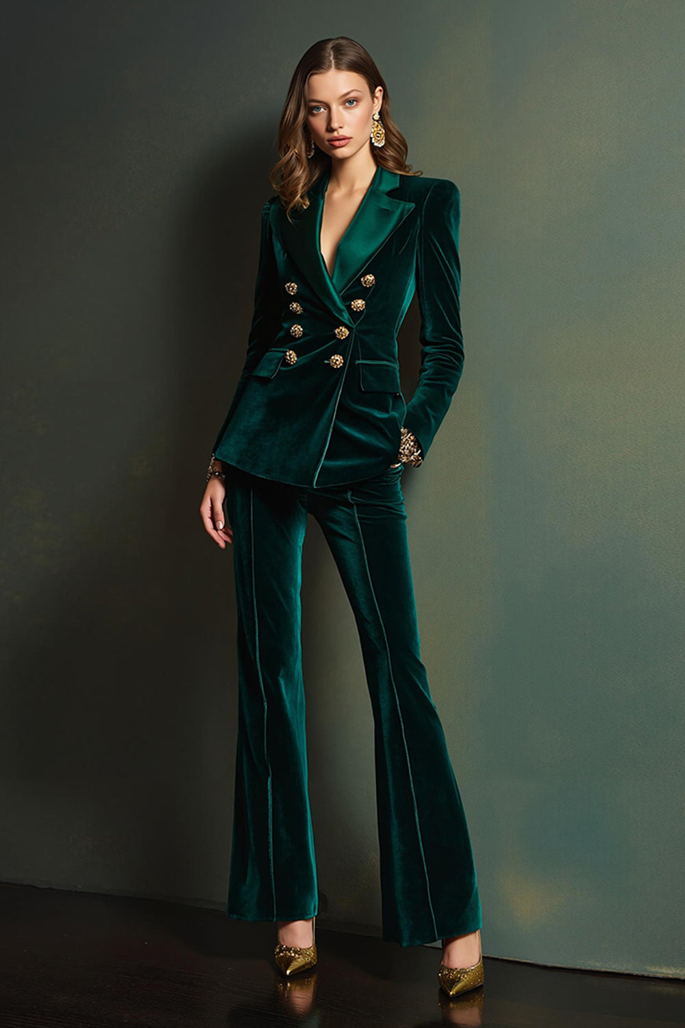 Queendancer Women Dark Green Velvet Prom Suits with Pockets Long Sleeves 2 Piece Double Breasted Peak Lapel Party Tuxedo
