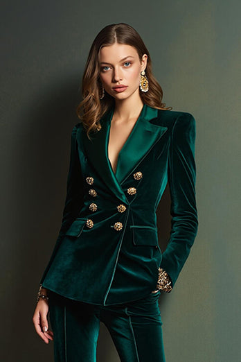 2 Piece Dark Green Velvet Double Breasted Women Prom Suits with Sleeves