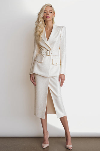 Glitter Ivory 2 Piece Peak Lapel Pencil Midi Business Suits with Slit