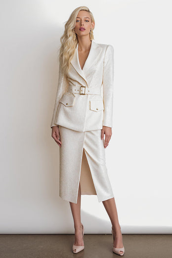 Glitter Ivory 2 Piece Peak Lapel Pencil Midi Business Suits with Slit
