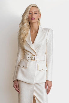 Glitter Ivory 2 Piece Peak Lapel Pencil Midi Business Suits with Slit