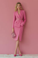 Load image into Gallery viewer, 2 Piece Fuchsia Satin Peak Lapel Pencil Midi Women Prom Suits with Slit