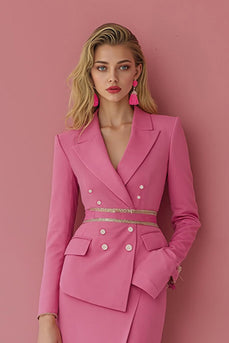 2 Piece Fuchsia Satin Peak Lapel Pencil Midi Women Prom Suits with Slit