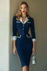 Load image into Gallery viewer, Navy Pencil Satin Notched Lapel Midi Work Blazer Dress with Sleeves