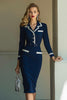 Load image into Gallery viewer, Navy Satin Pencil Notched Lapel Midi Work Blazer Dress with Sleeves
