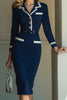 Load image into Gallery viewer, Navy Satin Pencil Notched Lapel Midi Work Blazer Dress with Sleeves