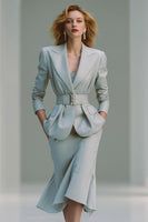 Load image into Gallery viewer, 2 Piece Grey Pencil Peak Lapel Midi Business Suits with Belt