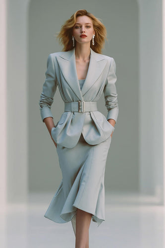 2 Piece Grey Pencil Peak Lapel Midi Business Suits with Belt