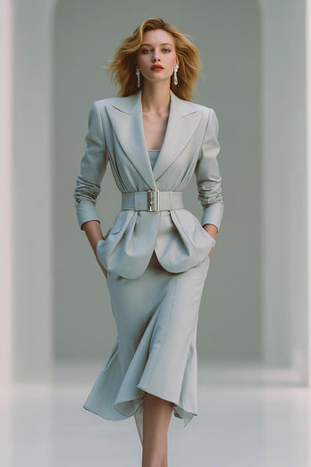 2 Piece Grey Pencil Peak Lapel Midi Business Suits with Belt