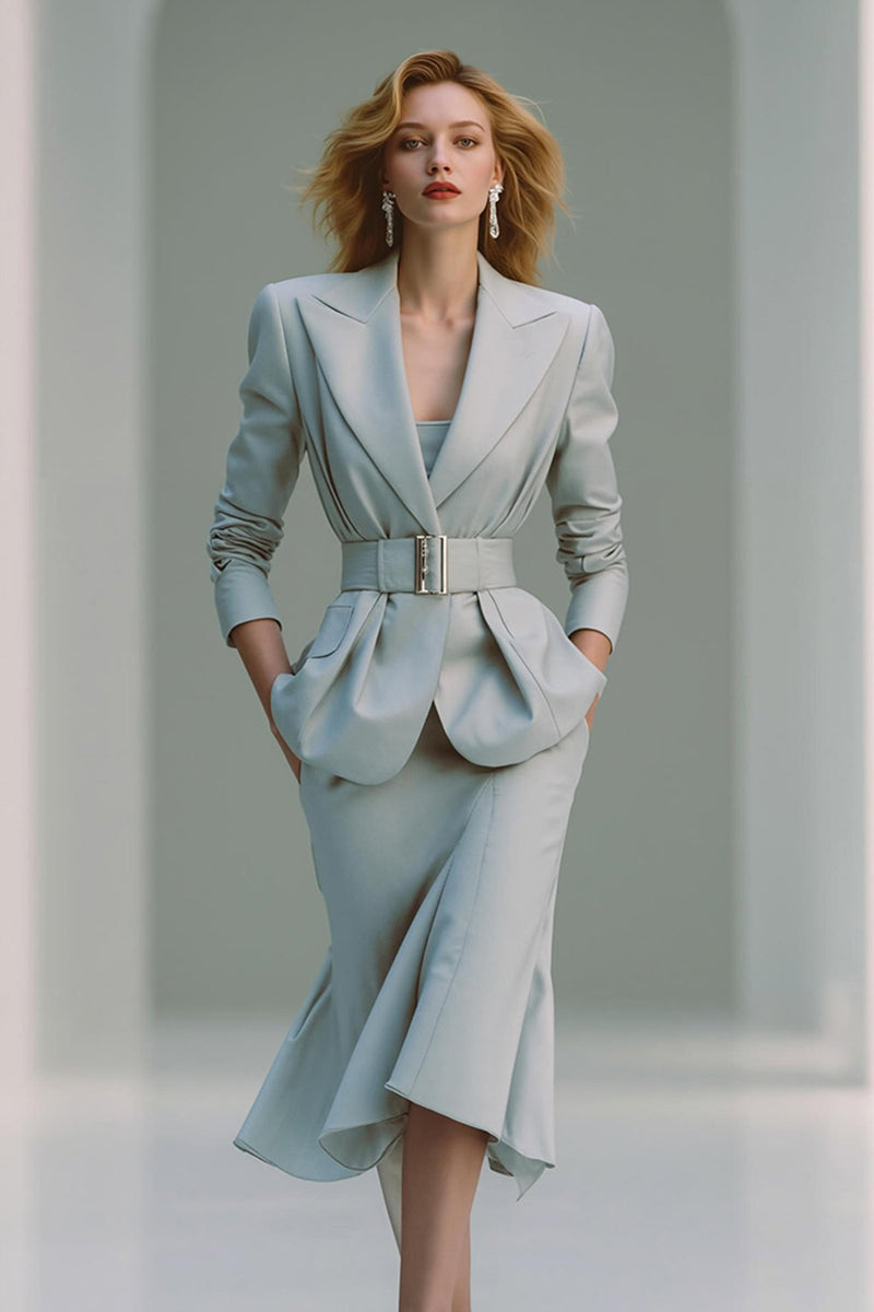 Load image into Gallery viewer, 2 Piece Grey Pencil Peak Lapel Midi Business Suits with Belt