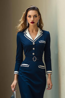 Navy Satin Notched Lapel Pencil Midi Work Blazer Dress with Sleeves
