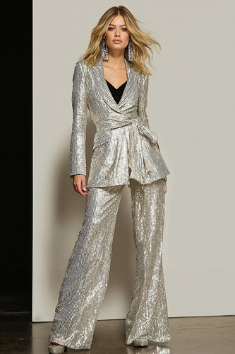 Sparkly Silver 2 Piece Sequins Women Prom Suits with Sash
