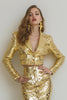 Load image into Gallery viewer, Sparkly Gold 2 Piece Pencil Sequins Midi Women Prom Party Suits with Sleeves