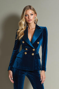 Royal Blue Velvet 2 Piece Peak Lapel Women Prom Suits with Sleeves