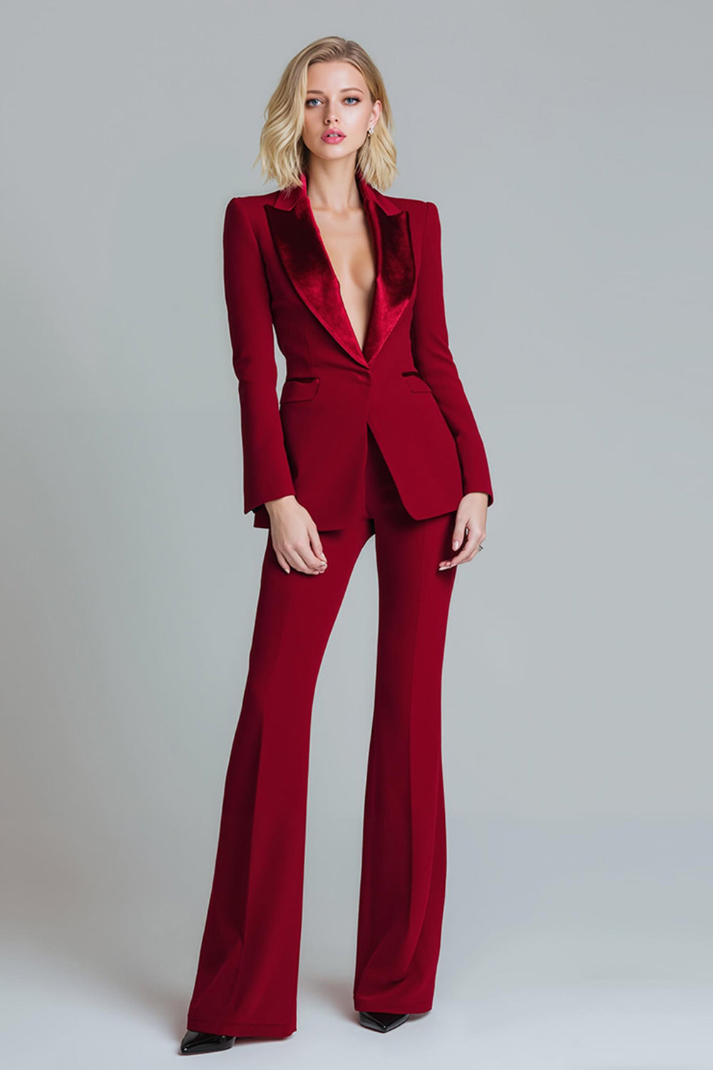 Queendancer Women Red 2 Piece Prom Suits with Sleeves Peak Lapel One Button Business Suits