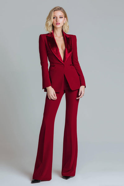 Queendancer Women Red 2 Piece Prom Suits with Sleeves Peak Lapel One Button Business Suits