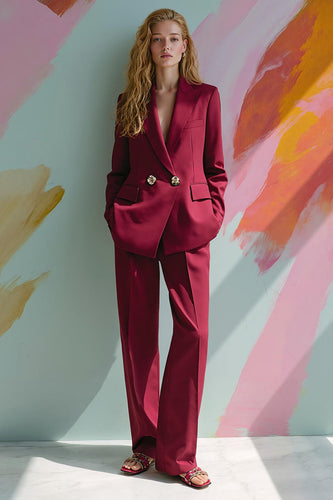 Burgundy 2 Piece Peak Lapel Satin Women Prom Suits with Pockets