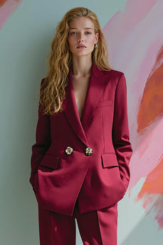 Burgundy 2 Piece Peak Lapel Satin Women Prom Suits with Pockets