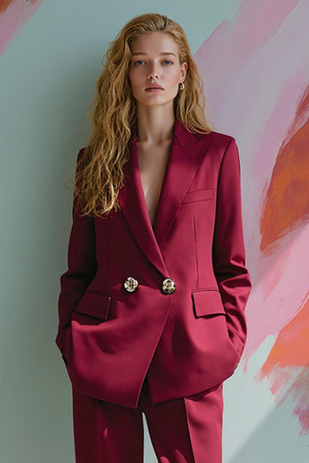 Burgundy 2 Piece Peak Lapel Satin Women Prom Suits with Pockets