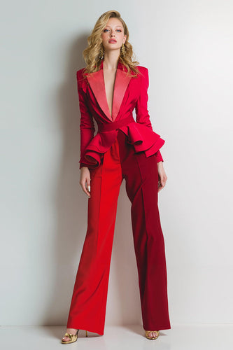 Red 2 Piece Satin Peak Patchwork Lapel Women Prom Suits with Belt
