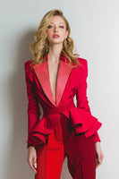 Load image into Gallery viewer, Red 2 Piece Satin Peak Patchwork Lapel Women Prom Suits with Belt