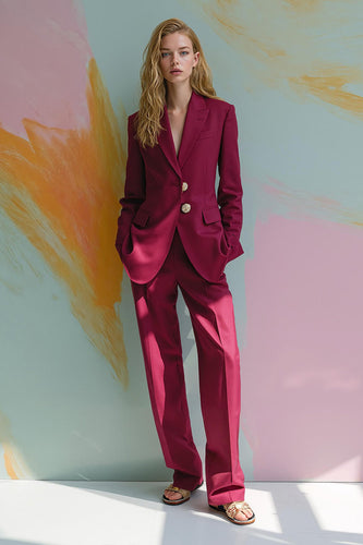 Burgundy Satin Peak Lapel 2 Piece Prom Suits with Pockets