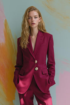 Burgundy Satin Peak Lapel 2 Piece Prom Suits with Pockets