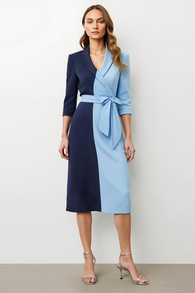 Navy Blue Pencil Peak Lapel Patchwork Midi Blazer Dress with Bow
