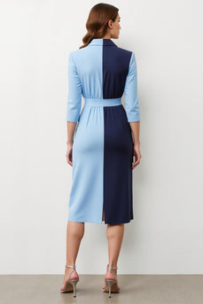 Navy Blue Pencil Peak Lapel Patchwork Midi Blazer Dress with Bow