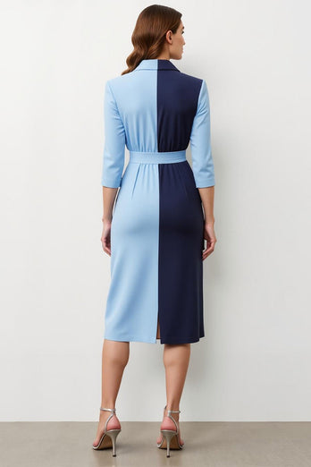 Navy Blue Pencil Peak Lapel Patchwork Midi Blazer Dress with Bow