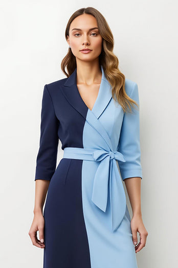 Navy Blue Pencil Peak Lapel Patchwork Midi Blazer Dress with Bow