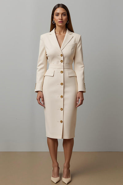 Champagne Pencil Notched Lapel Single Breasted Midi Blazer Dress