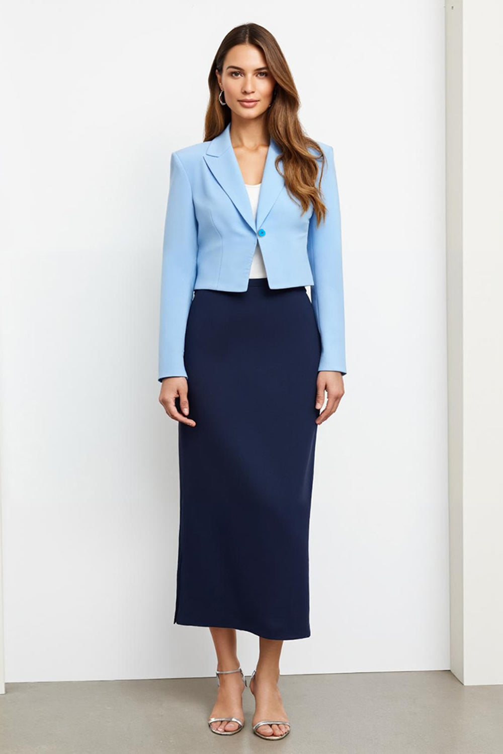 2 Piece Navy Blue Notched Lapel Pencil Long Business Suits