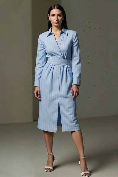 Blue Pencil Collar Neck Single Breasted Midi Shirt Dress