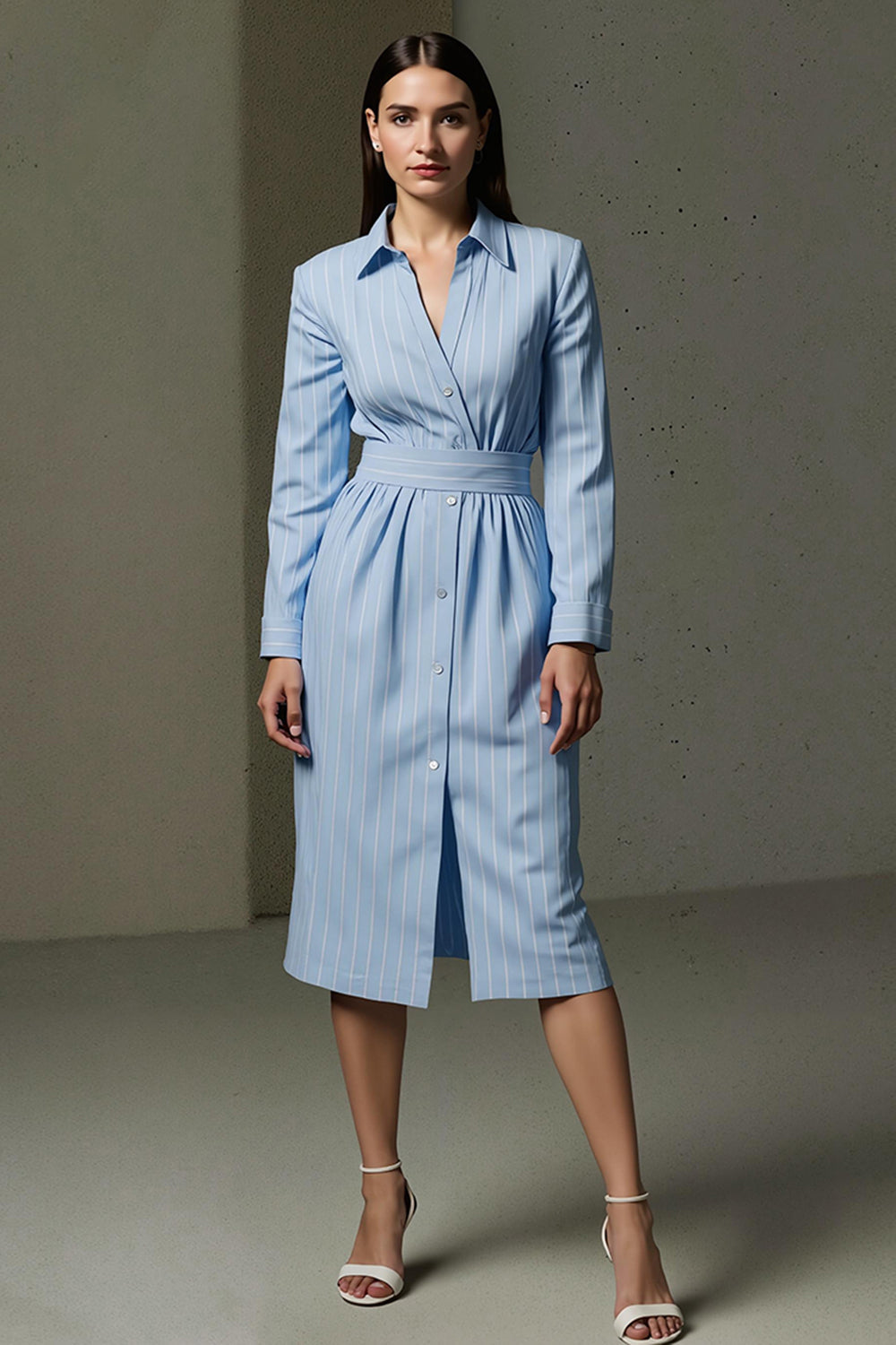 Blue Pencil Collar Neck Single Breasted Midi Shirt Dress
