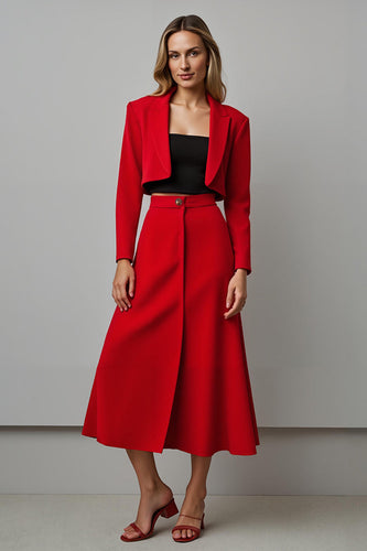Red 2 Piece Satin A Line Notched Lapel Midi Prom Suits