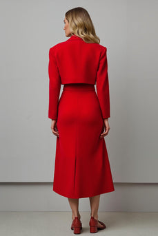 Red 2 Piece Satin A Line Notched Lapel Midi Prom Suits