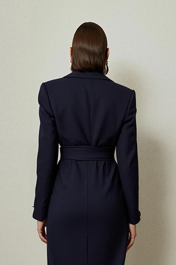 Navy Pencil Notched Lapel Ruched Midi Blazer Dress