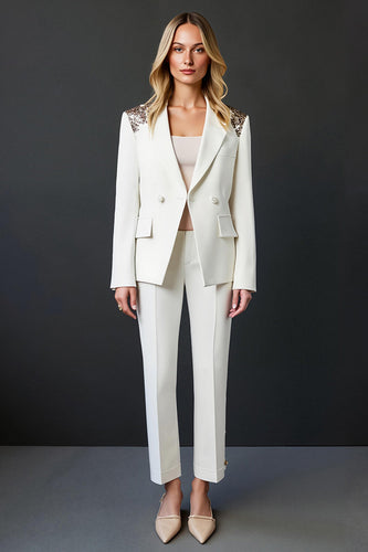 Sparkly White 2 Piece Shawl Lapel Prom Suits with Buttons
